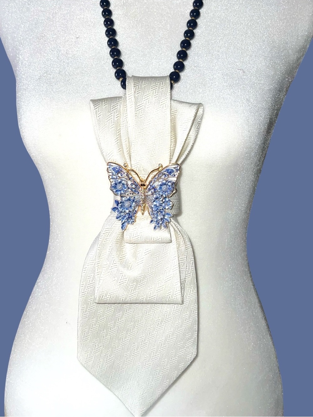 White Textured Necktie necklace with Blue Crystal Butterfly Pin
